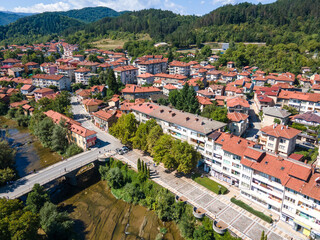 Aerial view of center of town of Troyan, Bulgaria