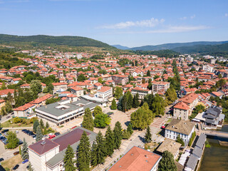 Aerial view of center of town of Troyan, Bulgaria