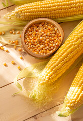 CORN, SWEET CORN ON WOOD BACKGROUND