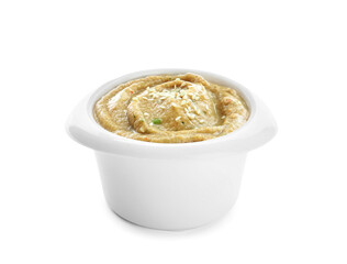 Bowl of traditional baba ghanoush with sesame on white background