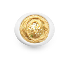 Bowl of traditional baba ghanoush with sesame on white background