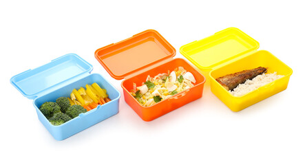 Different plastic food containers on white background