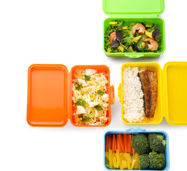 Plastic containers with delicious food isolated on white background, closeup