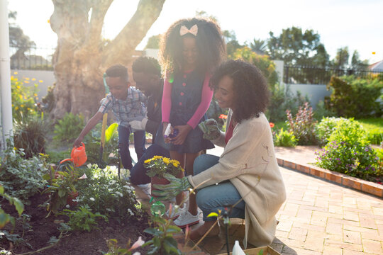 Happy African American Family Planting Flowers And Watering Plants Together