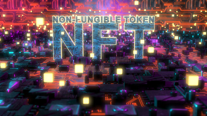 Fototapeta na wymiar NFT Non-Fungible Tokens or NFTs are unique digital assets that cannot be replicated underpinned by blockchain technology - 3D Illustration Rendering