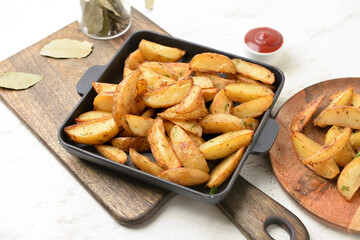 Baking dish with tasty baked potato on table