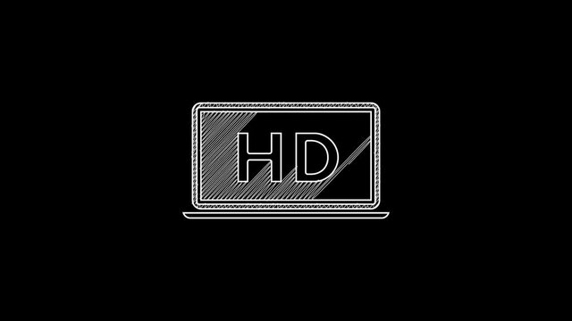 White line Laptop screen with HD video technology icon isolated on black background. 4K Video motion graphic animation
