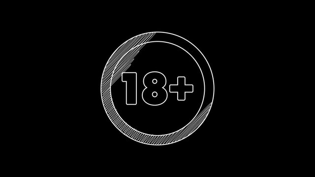 White line Plus 18 movie icon isolated on black background. Adult content. Under 18 years sign. 4K Video motion graphic animation