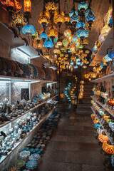 Kotor / Montenegro - September 15 2021: View inside a shop with colorful lamps decorations in Kotor, touristic famous destination in Montenegro, Europe