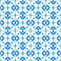 Azulejo watercolor seamless pattern. Traditional Portuguese ceramic tiles. Hand drawn abstract background. Watercolor artwork for textile, wallpaper, print, swimwear design. Blue azulejo pattern.