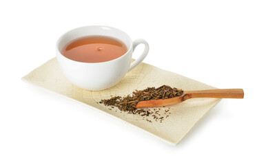 Tray with cup of tasty hojicha green tea on white background
