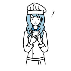 立ってスマートフォンを操作して何かに気づいて驚いた調理師の女性