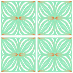 Azulejo watercolor seamless pattern. Traditional Portuguese ceramic tiles. Hand drawn abstract background. Watercolor artwork for textile, wallpaper, print, swimwear design. Green azulejo pattern.