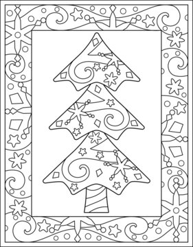Christmas tree with zentangles - Winter antistress vertical coloring with a frame with snowflakes and stars - vector linear picture for coloring. Outline. Frosty patterns and tree