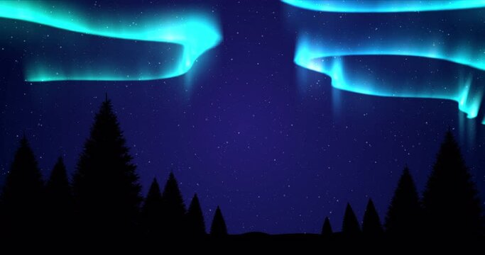 Animation of aurora borealis glowing over fir trees covered in snow in winter