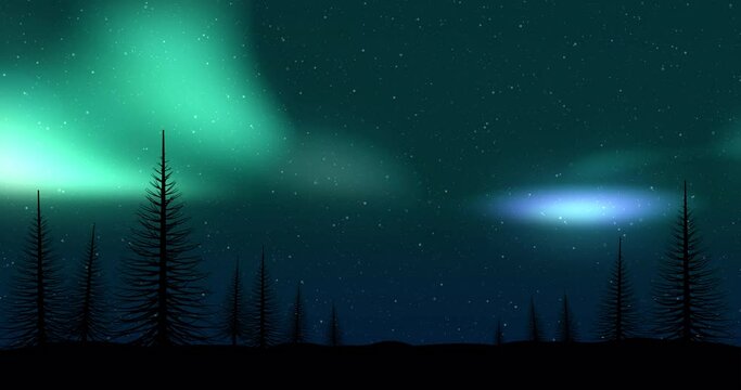 Animation of aurora borealis glowing over silhouettes of fir trees
