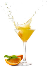 Glass of tasty orange margarita with splashes on white background