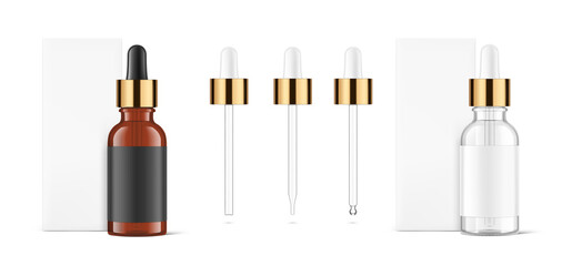 Obraz premium Realistic dropper bottle mockup with cardboard packaging box isolated on white background.Vector illustration. Сan be used for cosmetic, medical and other needs. EPS10.