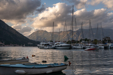 View of Kotor Bay area at sunset in summer, touristic famous destination in Montenegro, Europe