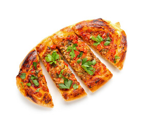 Sliced Turkish Pizza on white background