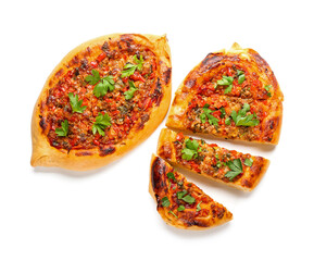 Delicious Turkish Pide Pizza on white background