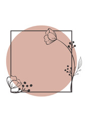 Graphical leaves and flower illustration. Minimalistic frame. Floral line art pattern background.