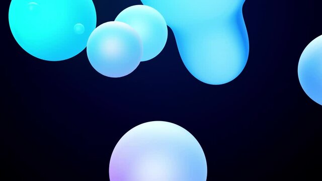 3d abstract background, droplets of molten wax with internal blue glow merge and fly apart in liquid. Seamless loop in 4k. Smooth animation of bubbles, metaball with inner glow. 81