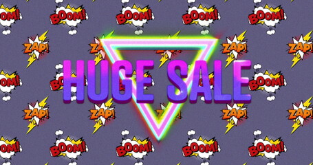 Huge sale text over boom and zap text on speech bubble against purple background - Powered by Adobe