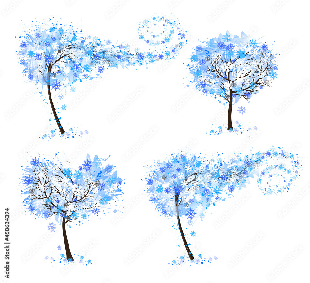 Poster hello a white winter. set of winter inspired trees with snowflakes. vector illustration.