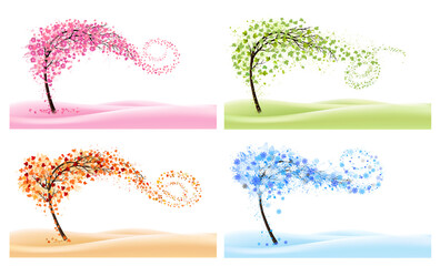 Four Nature Backgrounds with stylized trees representing different seasons - spring, summer, autumn, winter. Vector. - 458634354