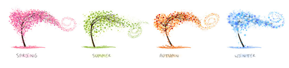 Obraz premium Nature Four stylized trees representing different seasons spring, summer, autumn, winter. Vector.