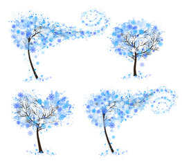 Hello a white Winter. Set of Winter Inspired Trees with snowflakes. Vector illustration.