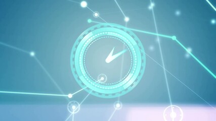 Animation of clock moving fast over network of connections on black and blue background - Powered by Adobe