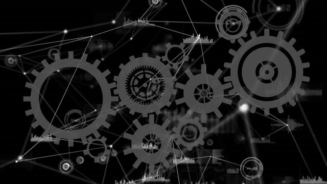 Animation on moving gears and network of connections on black background