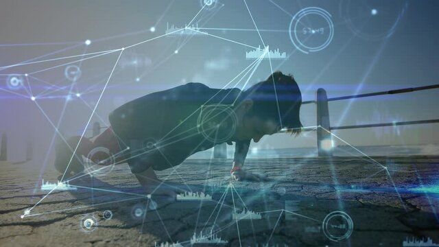 Animation of network of connections and data over fit caucasian woman doing pushups on pier