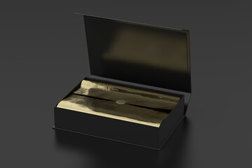 Black opened rectangle folding gift box mock up with gold wrapping paper on black background. Side view.