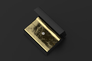 Black opened rectangle folding gift box mock up with gold wrapping paper on black background. View above.