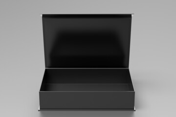 Black opened rectangle folding gift box mock up on gray background. Front view.