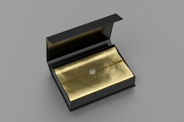 Black opened rectangle folding gift box mock up with gold wrapping paper on gray background. View above.