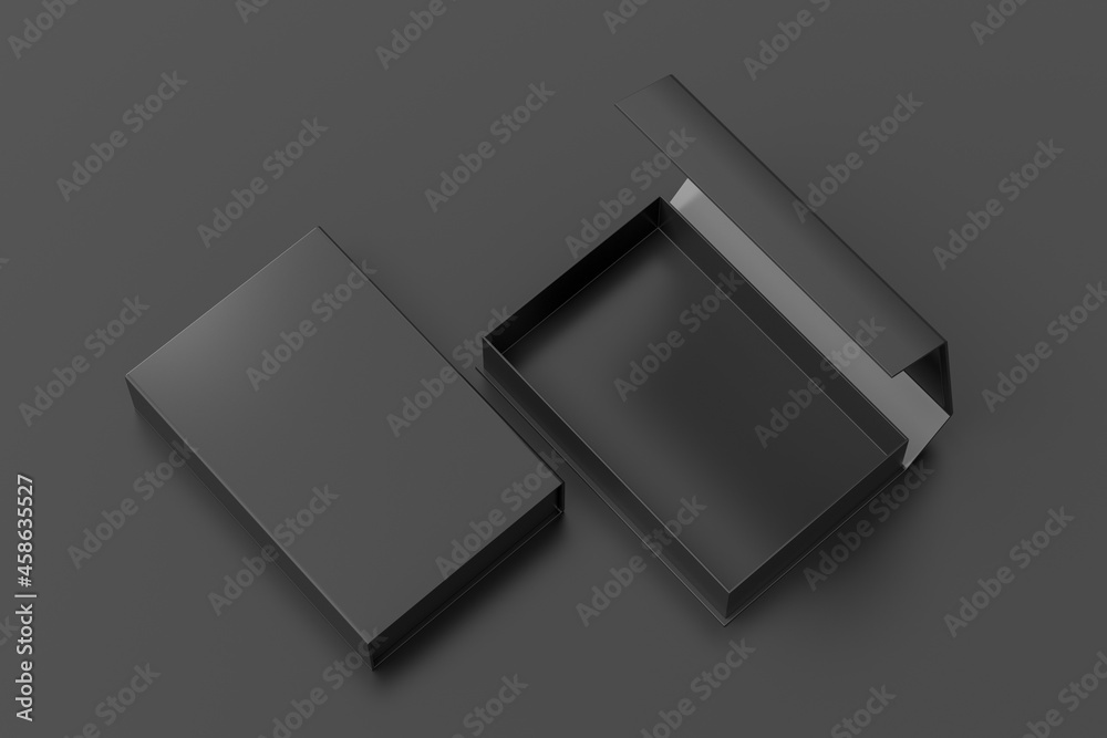 Wall mural Black opened and closed rectangle folding gift box mock up on black background. View above.