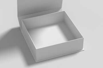 White opened square folding gift box mock up on white background. Side view.