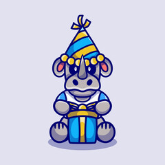 cute rhino wearing hat and birthday present