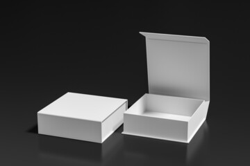 White opened and closed square folding gift box mock up on black background. Side view.