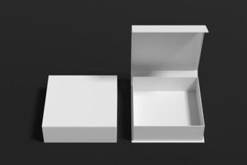 White opened and closed square folding gift box mock up on black background. Front view.