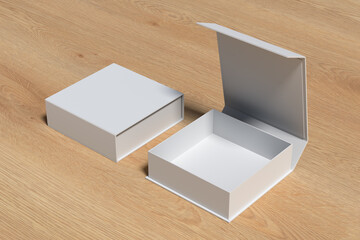 White opened and closed square folding gift box mock up on wooden background. Side view.