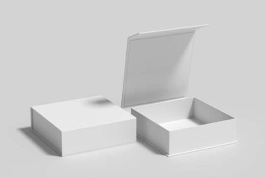 White opened and closed square folding gift box mock up on white background. Side view.