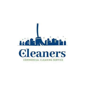 Office and city commercial building cleaning service janitor logo icon with city silhouette