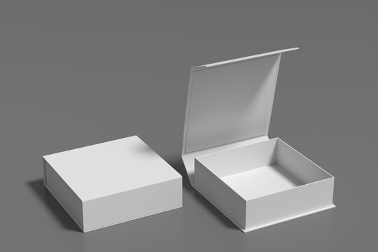 White opened and closed square folding gift box mock up on gray background. Side view.