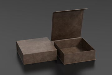 Leather opened and closed square folding gift box mock up on black background. Side view.