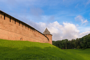 Red brick fortress walls of Kremlin of Novgorod. Veliky Novgorod,